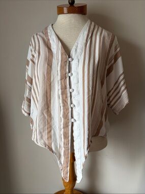 Striped V-Neck Button-Front Blouse in Beige and White